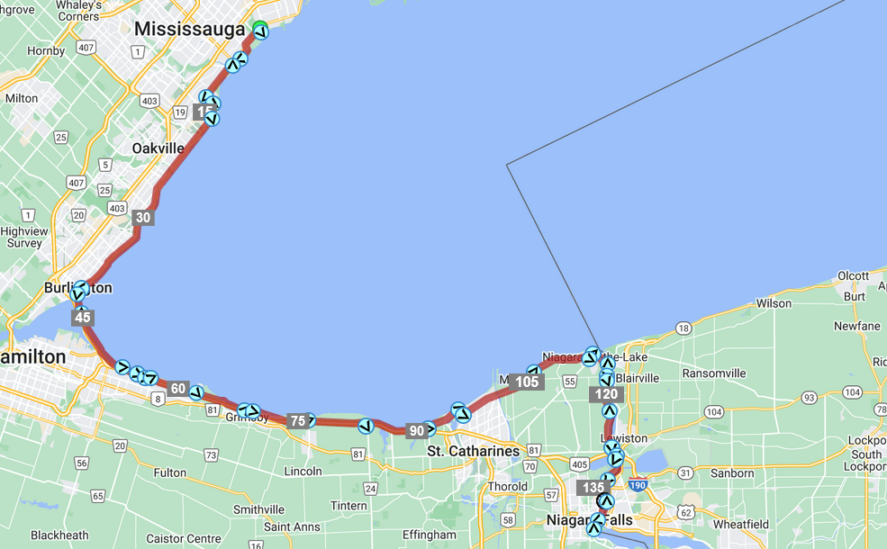 A map of the bike route running from western Etobicoke to Niagara falls