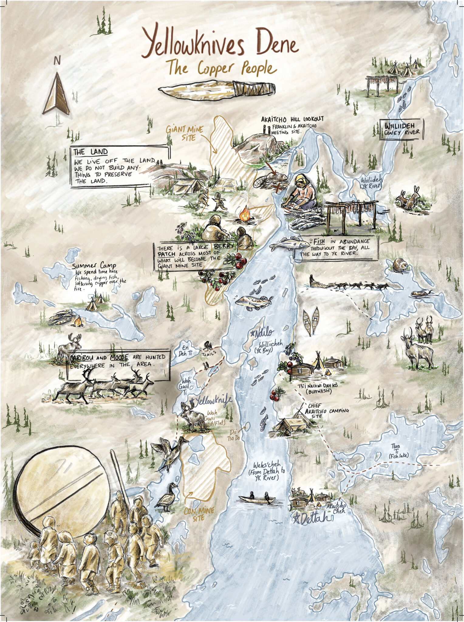 A historical map of the greater Yellowknife area with traditional hunting and settlement areas